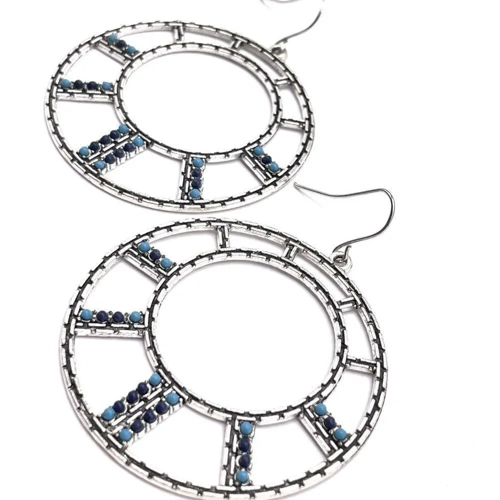 Silver with Navy and Turquoise Oil Drip Boho Open Round Hoop Earrings